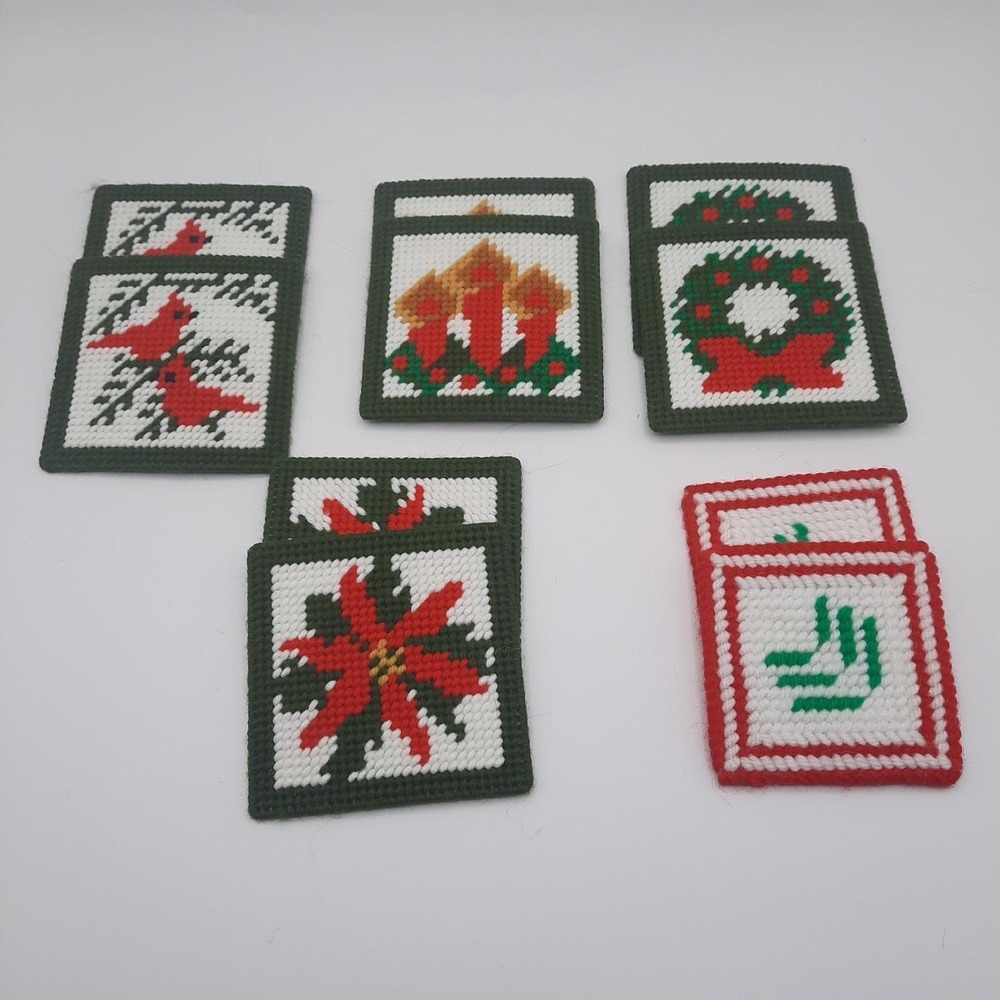 Vintage Handmade Needlepoint Christmas Holiday Coaster Set Of 10
